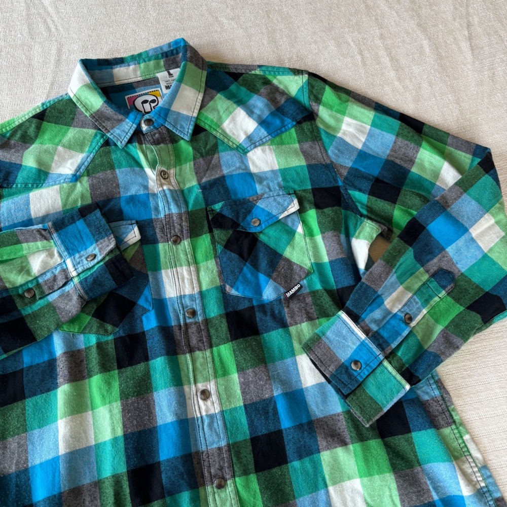 Mambo Australia‎ Mens Large Green Blue Plaid Western Snap Flannel Shirt Cotton